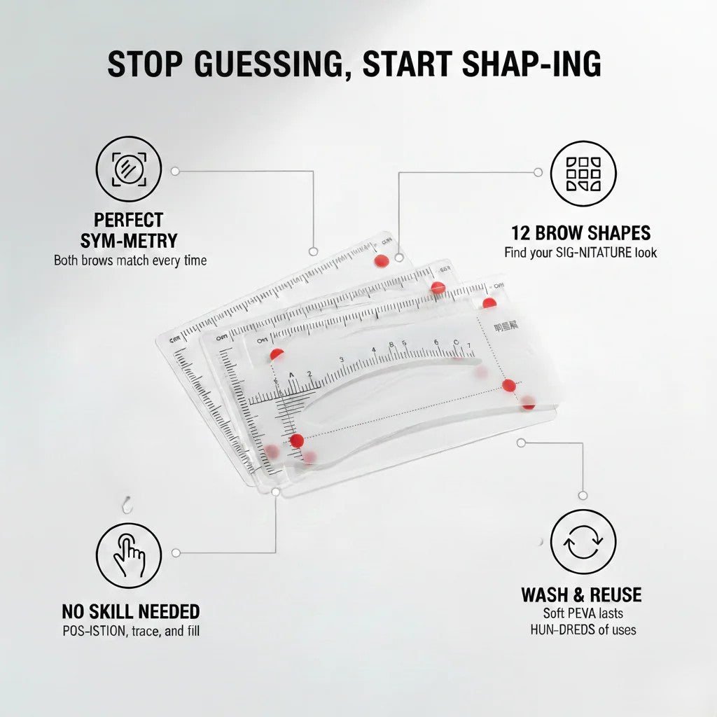 Archwell™ – 12-Shape Reusable Eyebrow Stencil Kit | Soft PEVA Guides for Balanced, Natural Brows + 50 % OFF