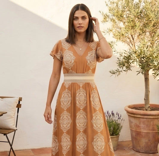 Ravella™ – V-Neck Baroque Print Flutter-Sleeve Maxi Dress + 50% OFF