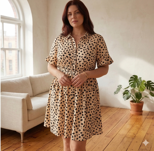 Sundrop™ – Soft Printed Short Sleeve Button Down Babydoll Dress with Pockets + 50% OFF