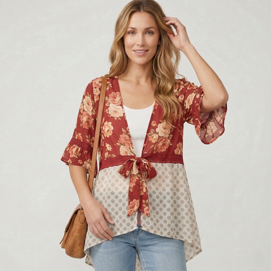 Ruffelle™ – Floral Patchwork Ruffle Sleeve Boho Kimono Cardigan + 50% OFF