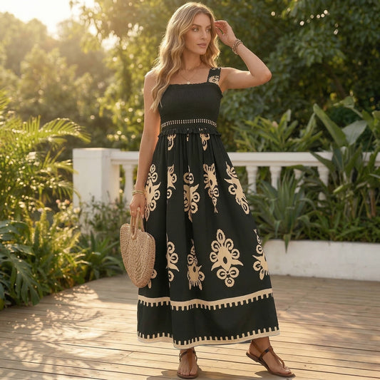 Solaire™ – Smocked Boho Maxi Dress with Pockets, A-Line Tiered Skirt + 50% OFF
