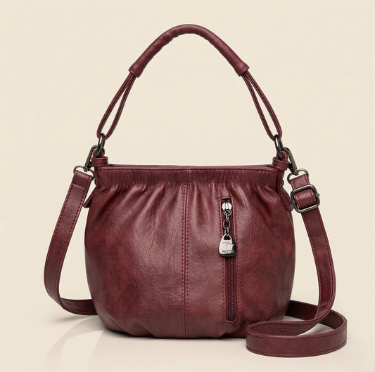 Sloane™ – Soft Pleated Leather Bucket Handbag with Multi-Pocket Crossbody Strap + 50% OFF