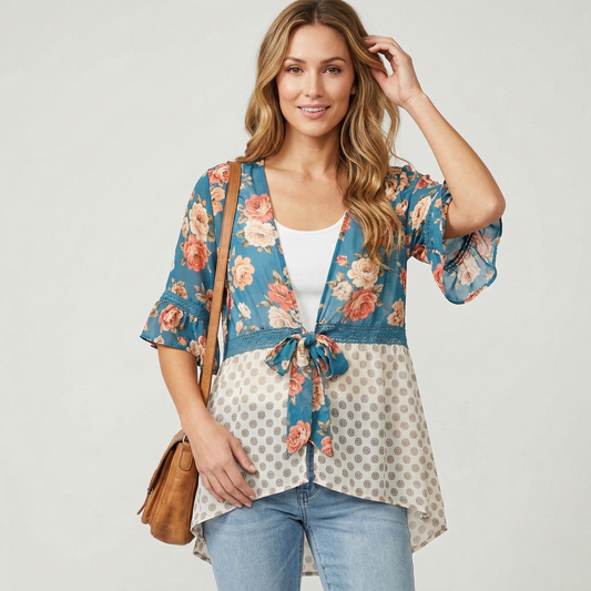 Ruffelle™ – Floral Patchwork Ruffle Sleeve Boho Kimono Cardigan + 50% OFF
