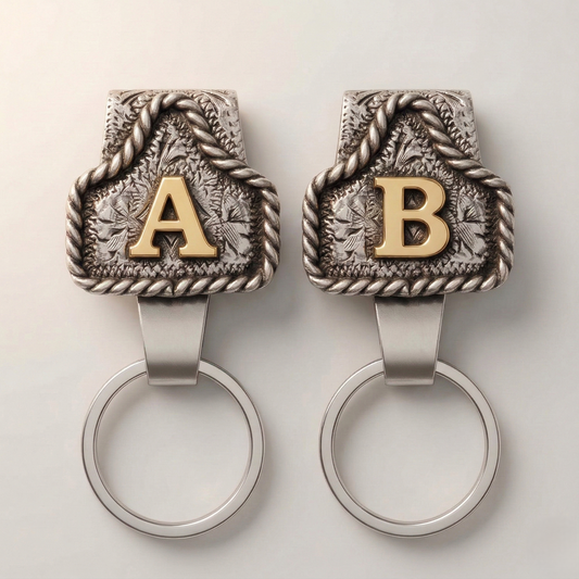 Conchofield™ – Western Initial Belt Clip Keychain, A-Z Letters, Engraved Concho Design + 50% OFF