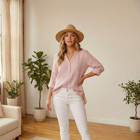 Brezelle™ – Soft Gauze V-Neck Oversized Button-Down Blouse for Women + 50% OFF