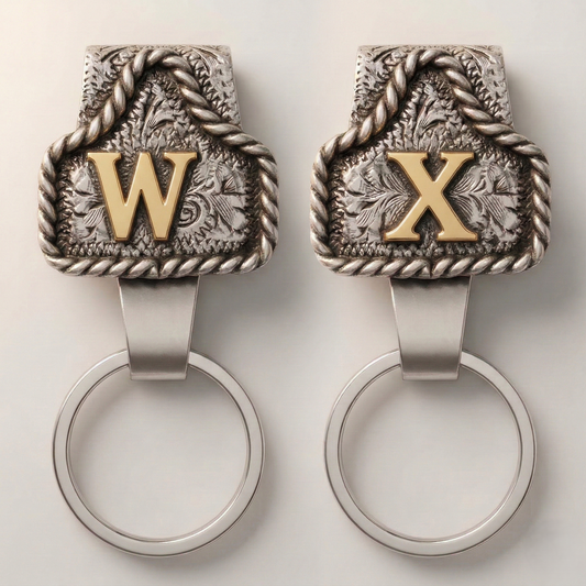 Conchofield™ – Western Initial Belt Clip Keychain, A-Z Letters, Engraved Concho Design + 50% OFF