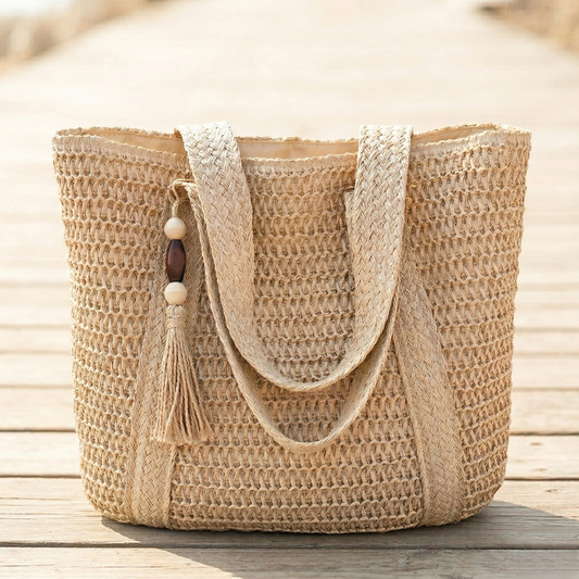 Tassara™ – Woven Straw Tote Bag with Zipper, Tassel & Boho Style + 50% OFF