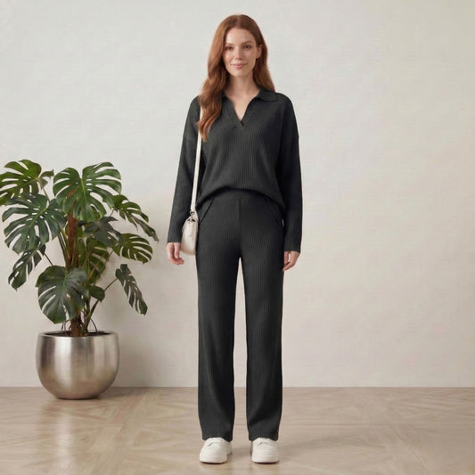 Hemflow™ – Ribbed Knit Side-Slit Top & Wide-Leg Pants Two-Piece Set +50% OFF