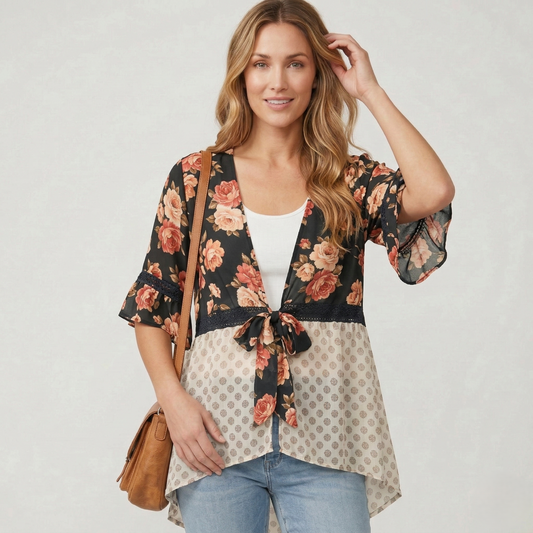 Ruffelle™ – Floral Patchwork Ruffle Sleeve Boho Kimono Cardigan + 50% OFF