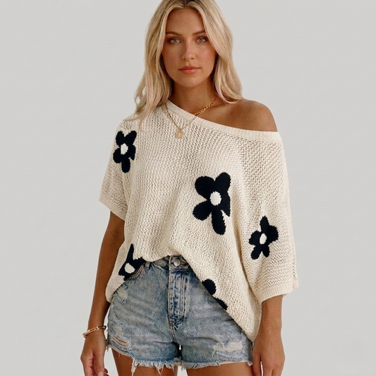 Bloomdrift™ – Floral Crochet Knit Open-Weave Pullover Top + 50% OFF