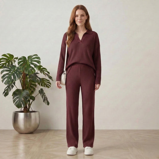 Hemflow™ – Ribbed Knit Side-Slit Top & Wide-Leg Pants Two-Piece Set +50% OFF