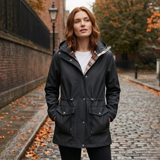 Misthollow™ – Waterproof Hooded Rain Jacket for Women with Plaid Lining & Cinched Waist + 50% OFF