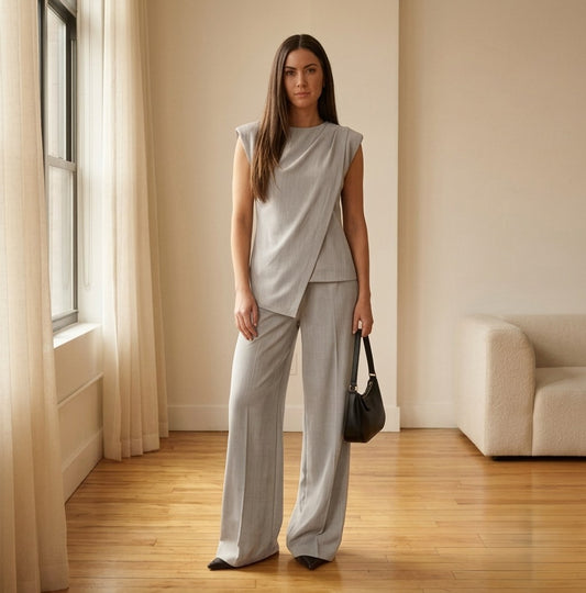 Plennoir™ – Asymmetric Draped Top & Wide-Leg Pants Two-Piece Set + 50% OFF