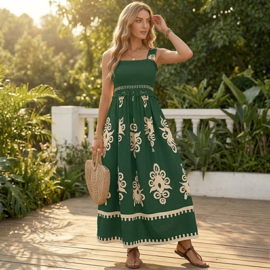 Solaire™ – Smocked Boho Maxi Dress with Pockets, A-Line Tiered Skirt + 50% OFF