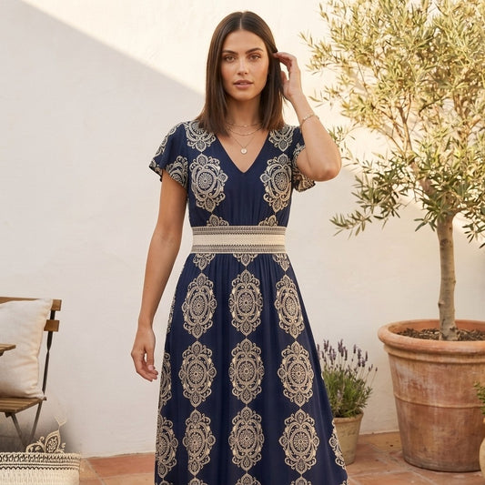 Ravella™ – V-Neck Baroque Print Flutter-Sleeve Maxi Dress + 50% OFF