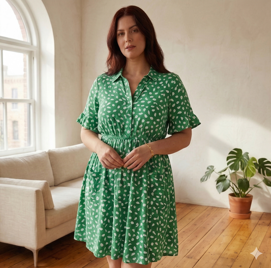 Sundrop™ – Soft Printed Short Sleeve Button Down Babydoll Dress with Pockets + 50% OFF