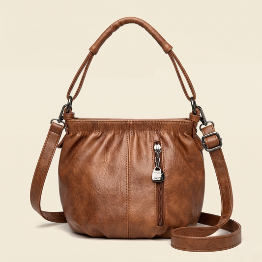 Sloane™ – Soft Pleated Leather Bucket Handbag with Multi-Pocket Crossbody Strap + 50% OFF