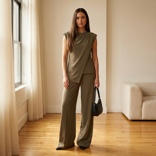 Plennoir™ – Asymmetric Draped Top & Wide-Leg Pants Two-Piece Set + 50% OFF