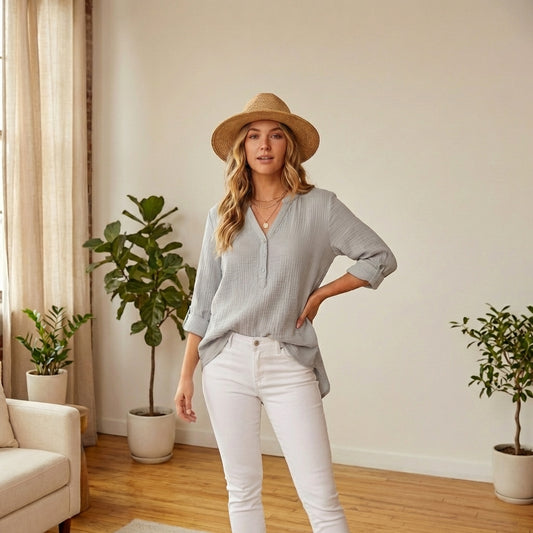 Brezelle™ – Soft Gauze V-Neck Oversized Button-Down Blouse for Women + 50% OFF
