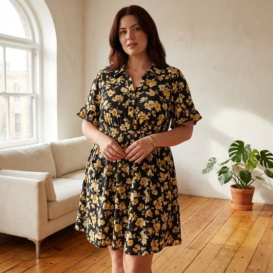 Sundrop™ – Soft Printed Short Sleeve Button Down Babydoll Dress with Pockets + 50% OFF