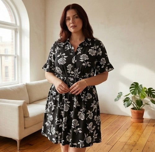 Sundrop™ – Soft Printed Short Sleeve Button Down Babydoll Dress with Pockets + 50% OFF