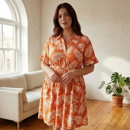 Sundrop™ – Soft Printed Short Sleeve Button Down Babydoll Dress with Pockets + 50% OFF