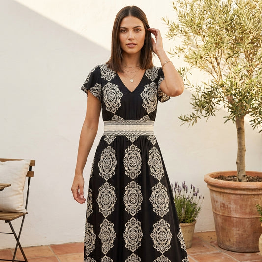 Ravella™ – V-Neck Baroque Print Flutter-Sleeve Maxi Dress + 50% OFF