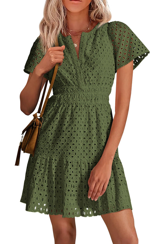 Petalia™ – V-Neck Hollow Out Eyelet Lace A-Line Dress + 50% OFF