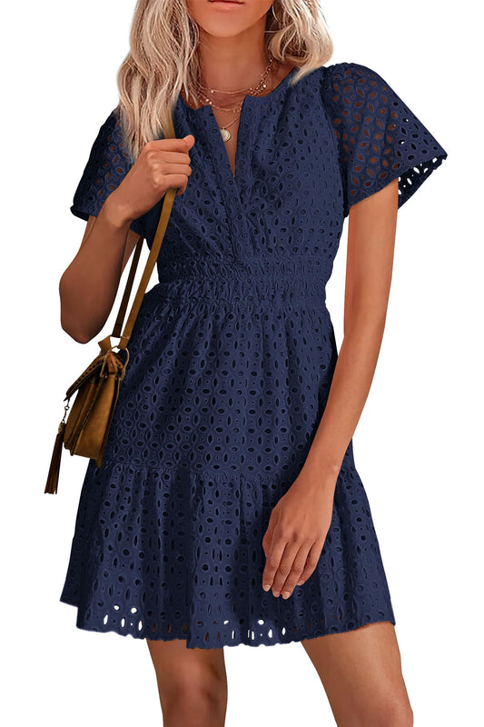 Petalia™ – V-Neck Hollow Out Eyelet Lace A-Line Dress + 50% OFF