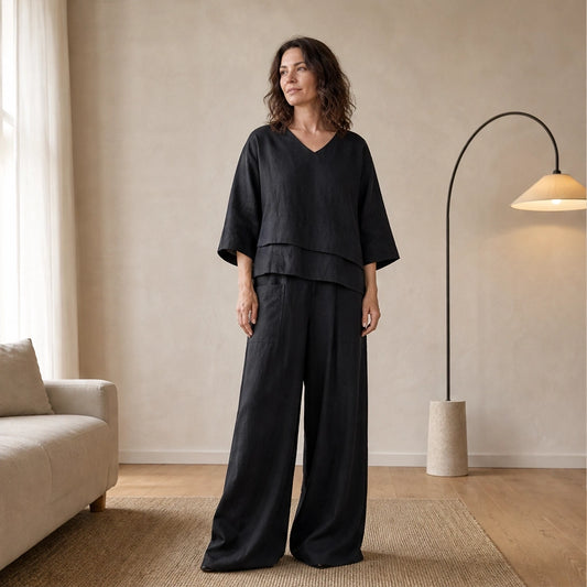 Willowmere™ – Asymmetric Cotton-Linen V-Neck Top & Wide-Leg Trouser Set + 50% OFF