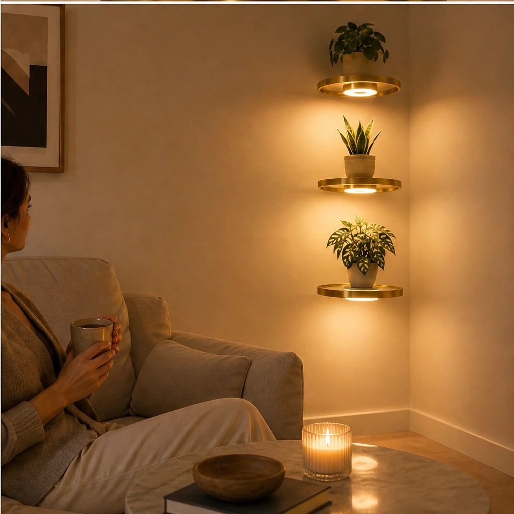 Glowsill – Floating Plant Shelf with Warm LED Uplight, Cordless & Rechargeable + 50% OFF