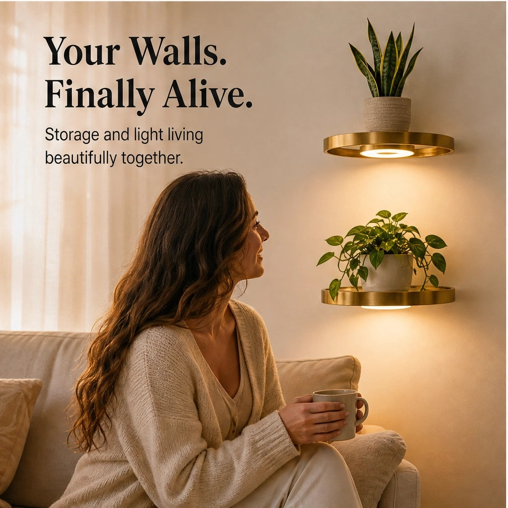 Glowsill – Floating Plant Shelf with Warm LED Uplight, Cordless & Rechargeable + 50% OFF