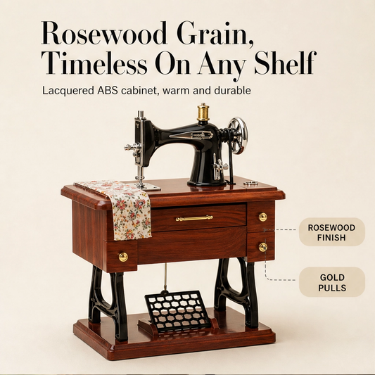 Threadwell™ – Vintage Sewing Machine Music Box with Moving Parts & Drawer Melody + 50% OFF