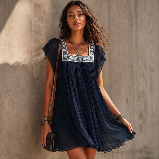 Marguerite™ – Floral Embroidered Pleated Chiffon Mini Dress + 50% OFF