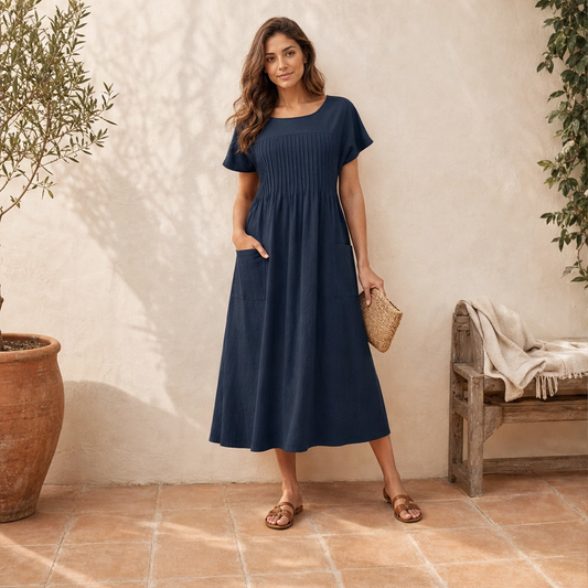 Solenne™ – Pleated Cotton-Linen Dress with Pockets + 50% OFF