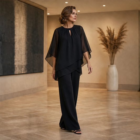 Drapelle™ – Asymmetric Layered Top & Wide-Leg Pants Two-Piece Set + 50% OFF
