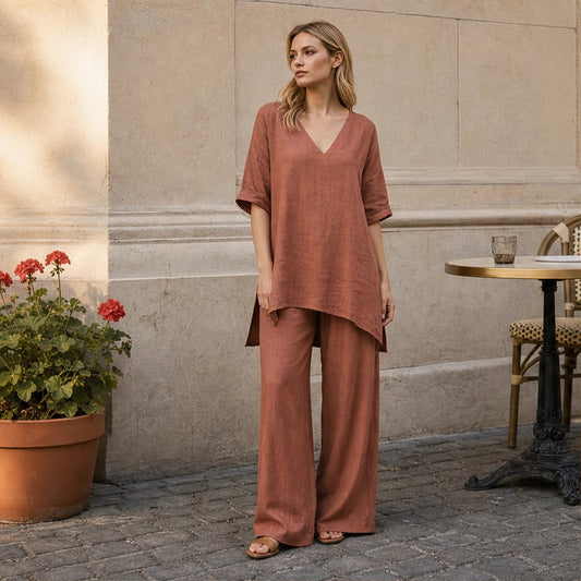 Linelle™ – Breathable Cotton-Linen V-Neck Tunic & Wide-Leg Pant Set + 50% OFF