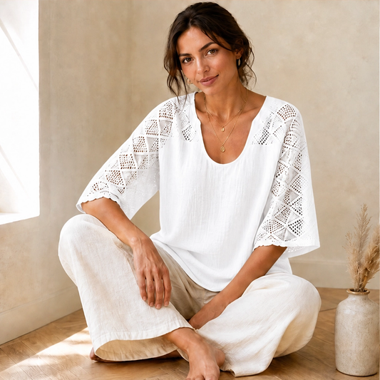 Brisa™ – Lace Openwork U-Neck Short-Sleeve Blouse + 50% OFF