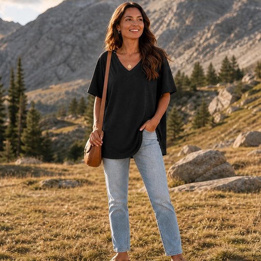 Velline™ – Soft Flowy-Hem V-Neck Loose T-Shirt + 50% OFF