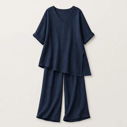 Drapelle™ – Breathable Cotton-Linen V-Neck Tunic & Wide-Leg Trouser Set + 50% OFF