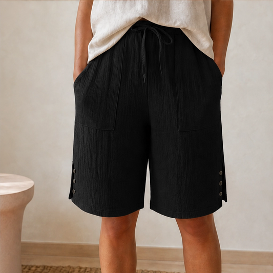 Driftwell™ – Side-Button Cotton Blend Knee-Length Shorts + 50% OFF