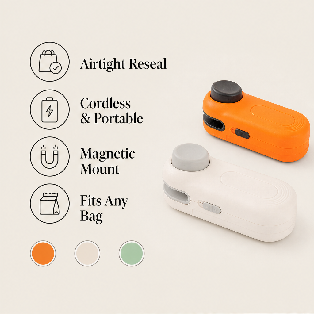SnapSeal – Cordless Magnetic Mini Bag Sealer + 50% OFF features