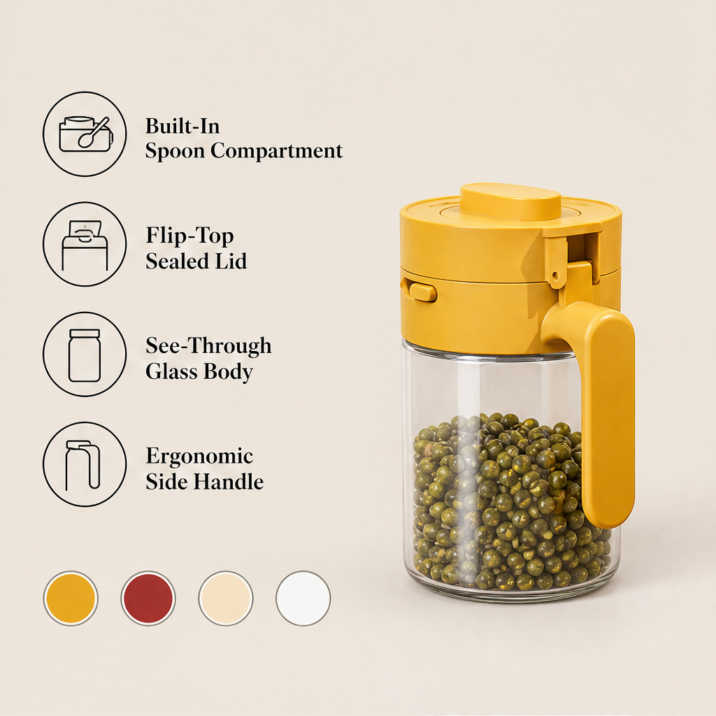 Spicenook – Built-In Spoon, Flip Lid, Mess-Free Glass Spice Jar + 50% OFF features