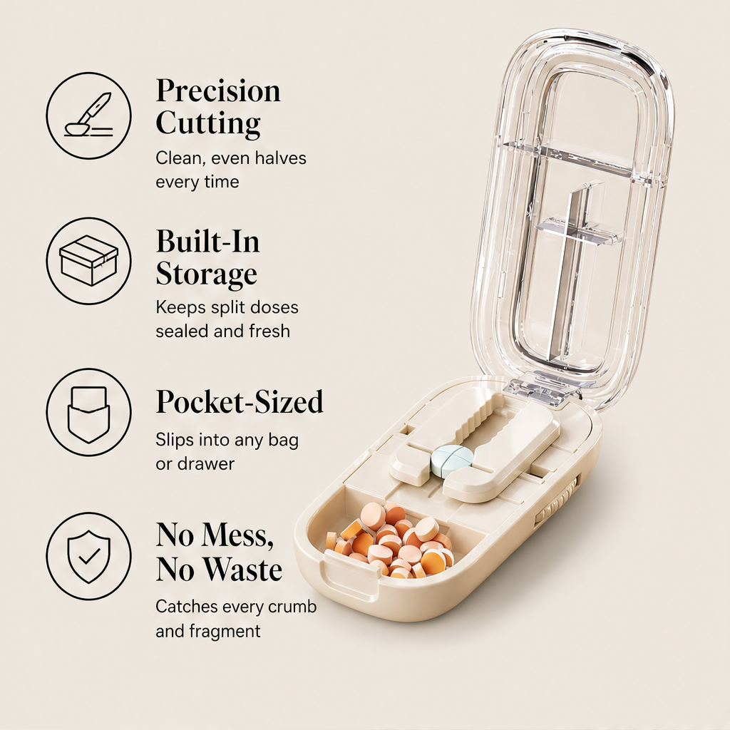 Doseholm – Precision Pill Cutter with Built-In Storage Case + 50% OFF features
