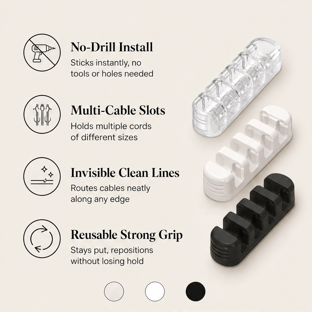 Corlune – Self-Adhesive No-Drill Cable Organizer Clips + 50% OFF features