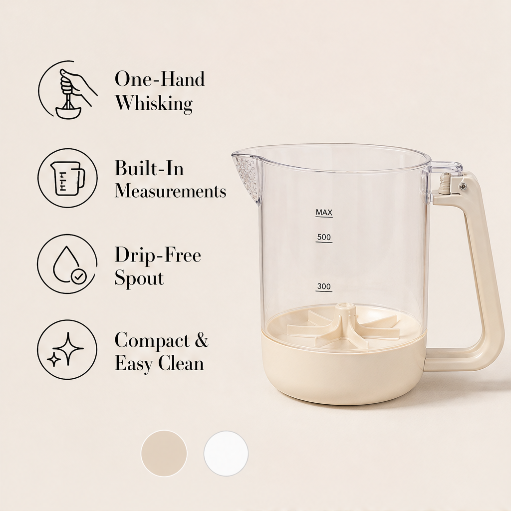 Whiskara – One-Press Whisking Cup with Built-In Measuring Scale + 50% OFF features