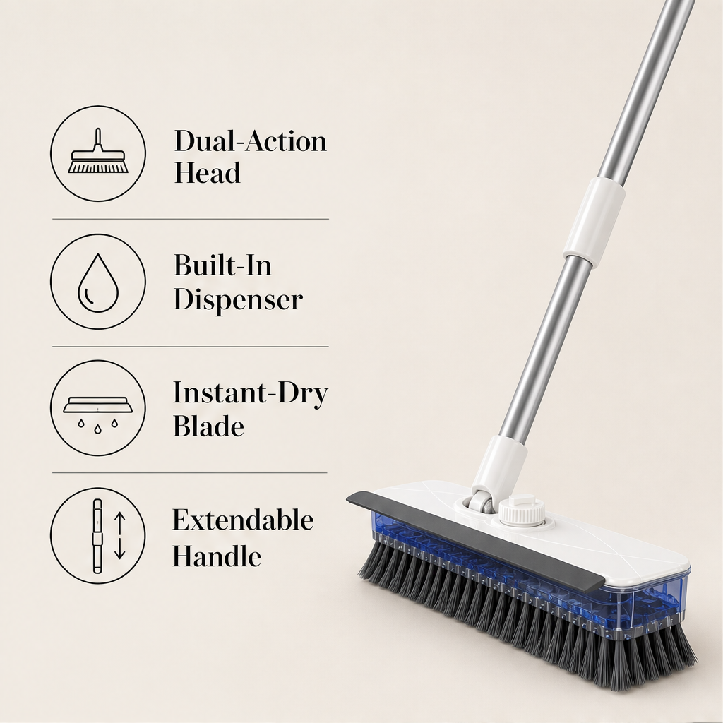 Scrubwick – Soap-Dispensing Scrub, Squeegee & Dry Floor Brush features