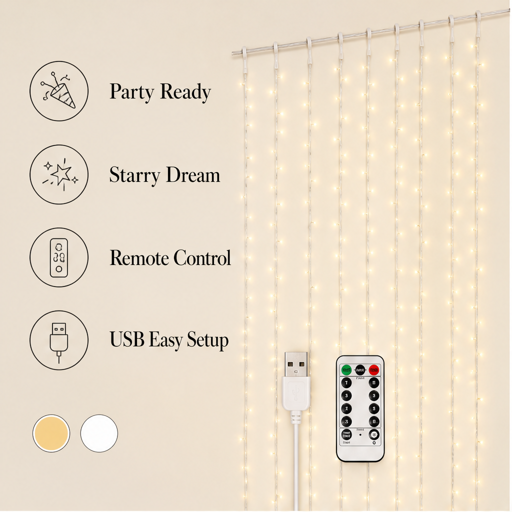 Starveil – Cascading 300-LED Starry Window Curtain Lights + 50% OFF features