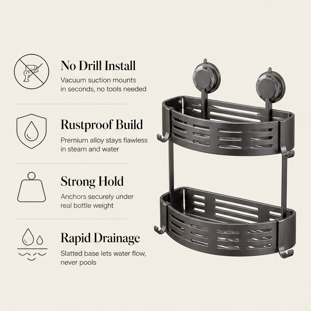 Corneva – No-Drill Suction Corner Caddy with Fast Drainage + 50% OFF features