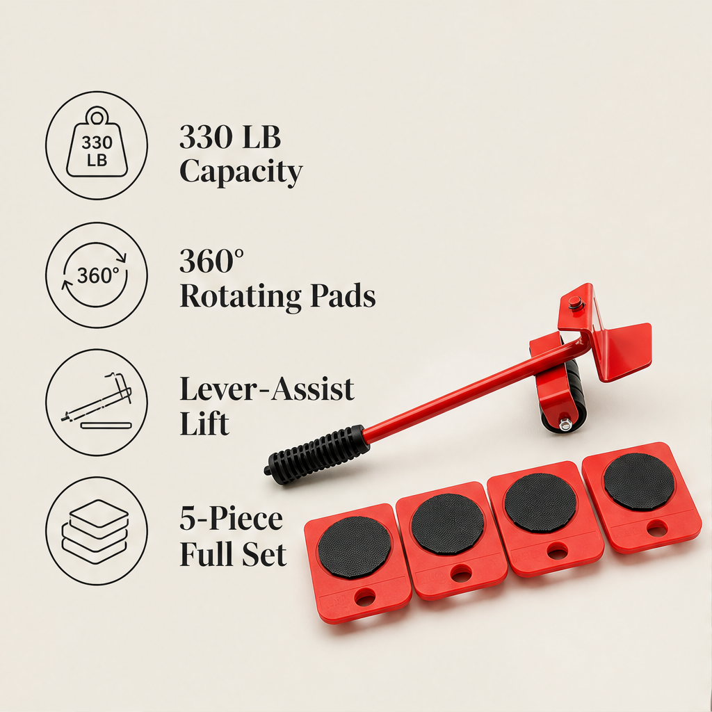 Liftcrate – Lever-Assist Furniture Lifter & Gliding Pad Set + 50% OFF features